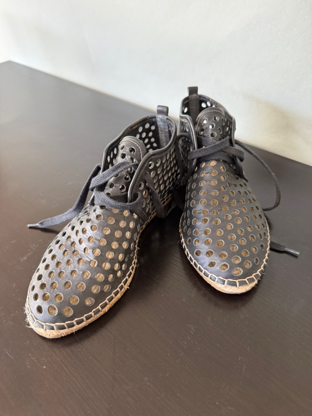 Loeffler Randall Black Perforated Leather Lace-Up Espadrille Booties Size 6B